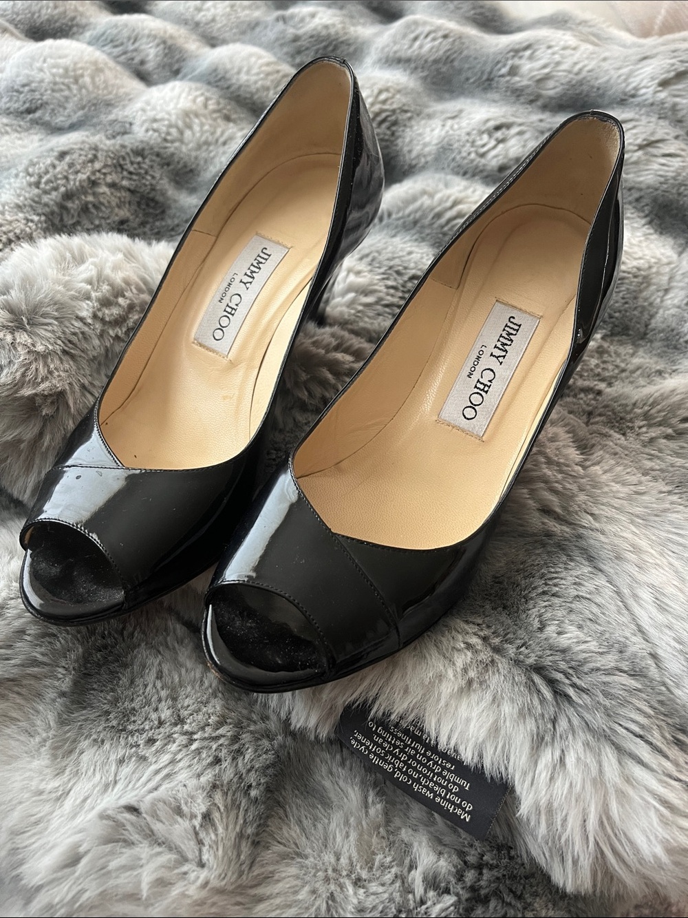 Jimmy Choo Black Patent Leather Peep-Toe Heels - Picture 1 of 3